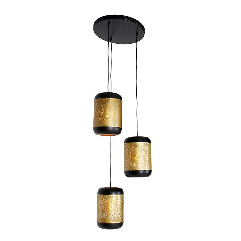 Vintage hanglamp zwart met messing rond 3-lichts - Kayleigh