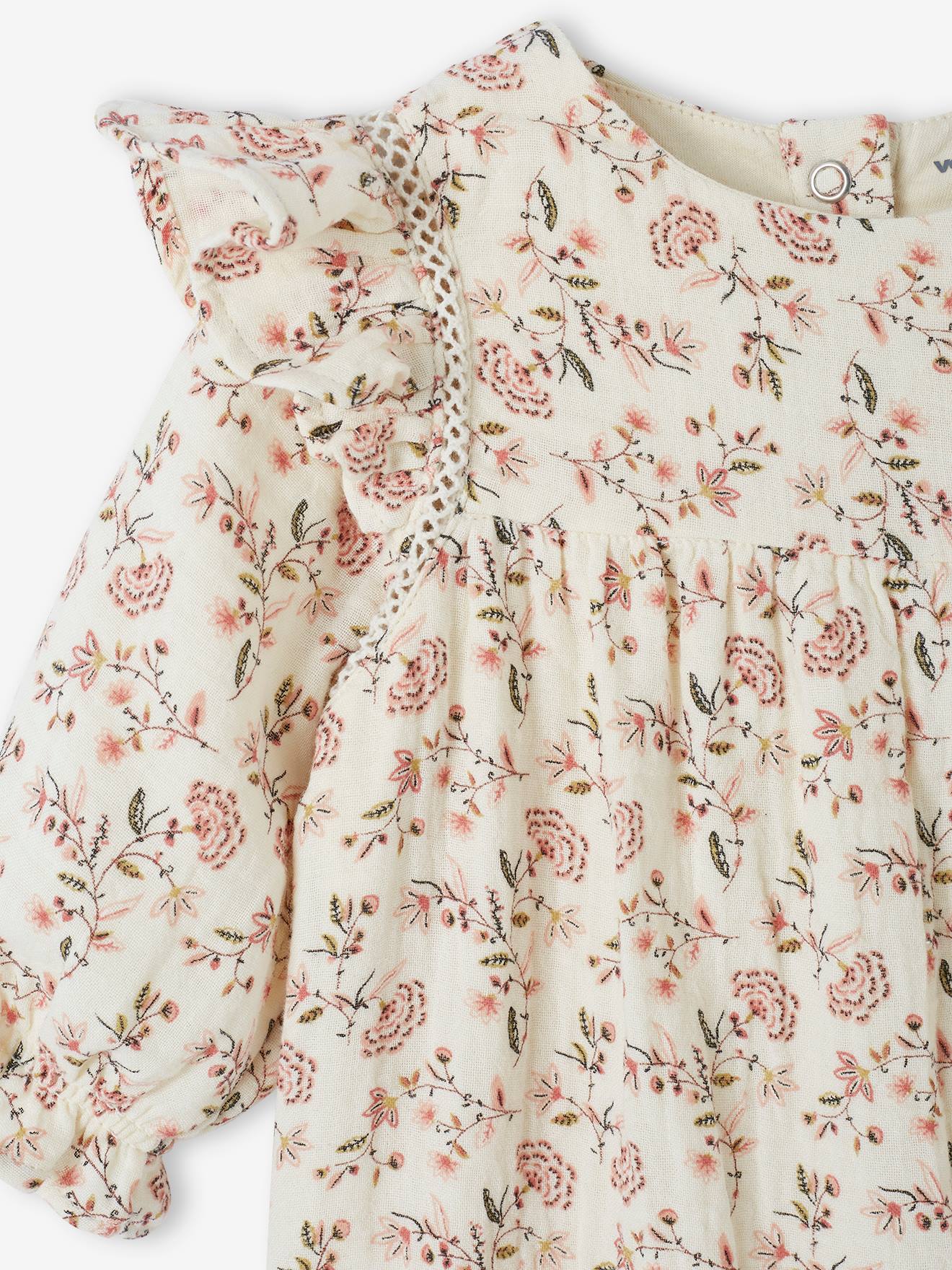 Macacão de chiffon de algodão cru com babados para bebê