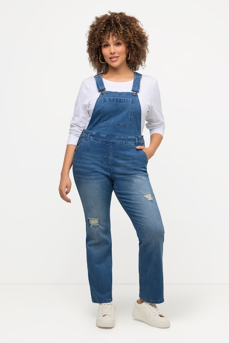 Jeans-Latzhose, ausgestelltes Bein, Destroy-Effekt
