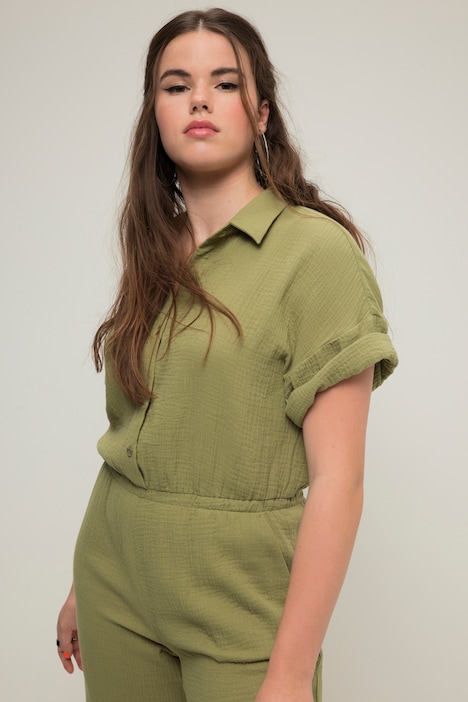 Jumpsuit, Musselin, elastische Taille, Halbarm, weites Bein