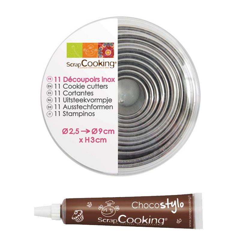 11 emporte-pièces ronds en inox + 1 Stylo chocolat Scrapcooking