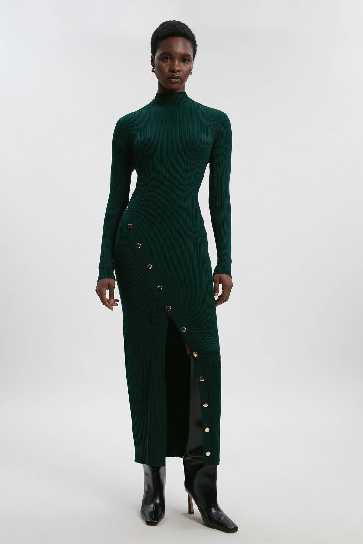 KarenMillen Robe Midi en Maille Mélange Viscose avec Détail de Pressions Fendue