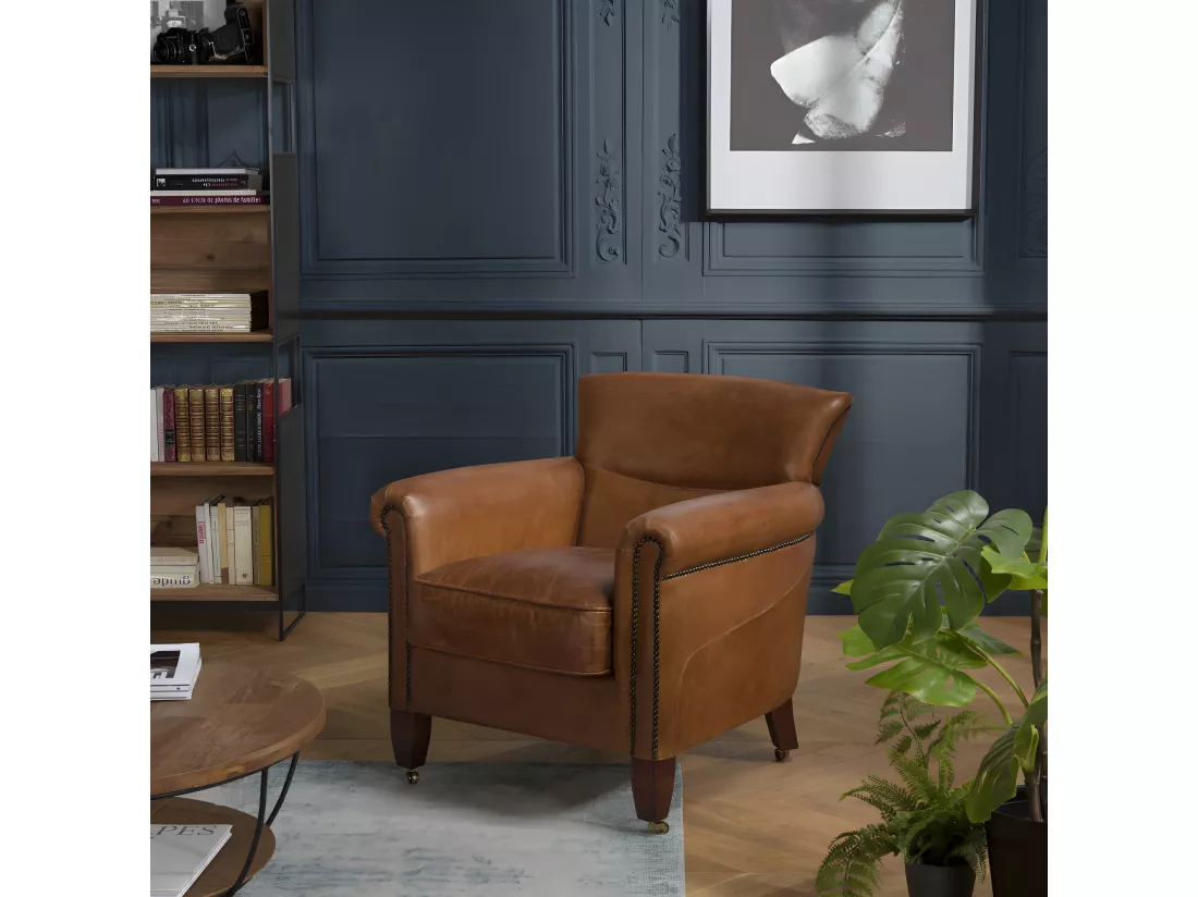 GASTON - Fauteuil marron VERONE vintage cuir pieds bois avec roulettes