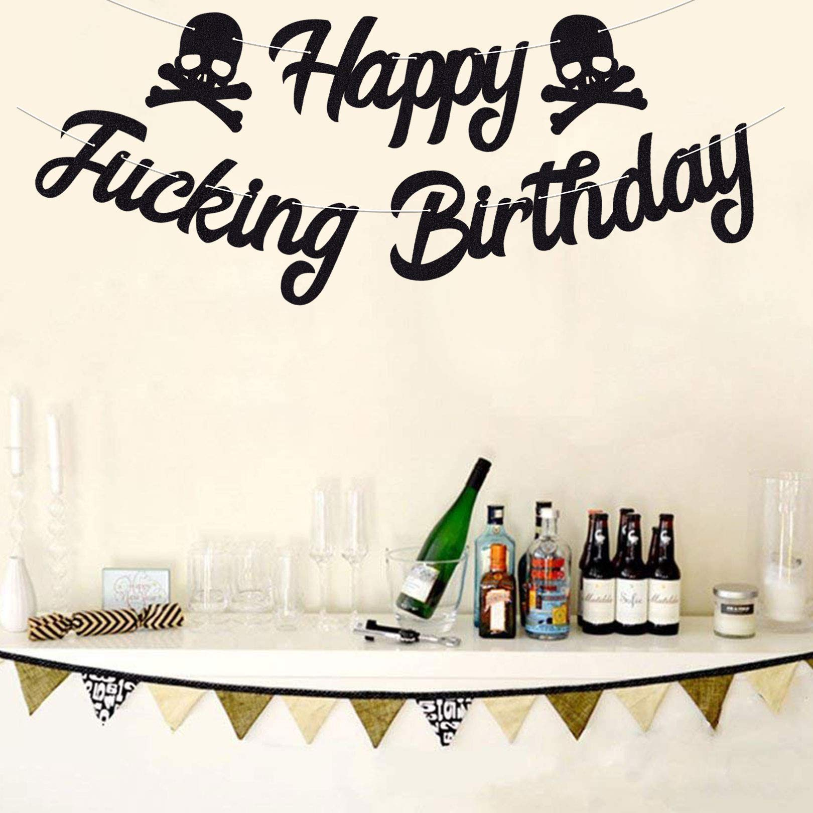 Happy F... Birthday Geburtstags Girlande Party Deko Totenkopf Accessoire - Schwarz (Glitzer)