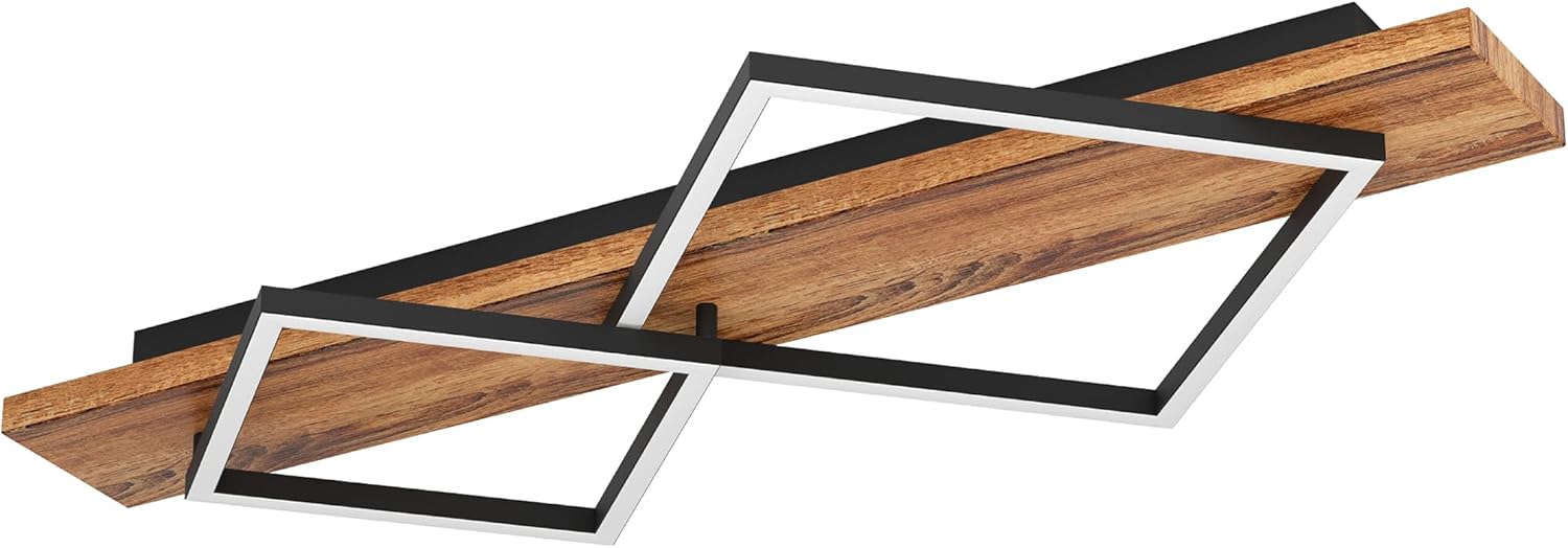 EGLO LED Deckenleuchte Boyal, Deckenlampe 2-flammig, Wohnzimmerlampe aus rustikalem Holz und schwarzem Metall, Lampe Decke FSC zertifiziert, warmweiß, 78 cm