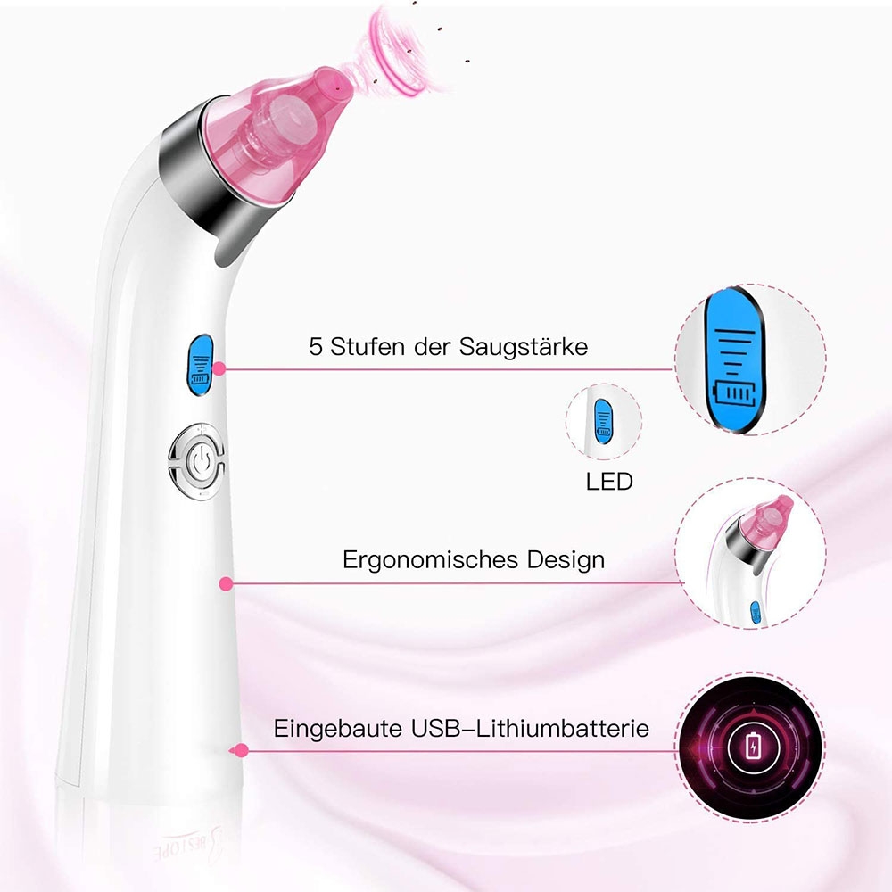(5-tlg. Set) Elektrischer USB Gesichtsreiniger / Pflegepeeler / Mitesserentferner - Weiss / Rosa