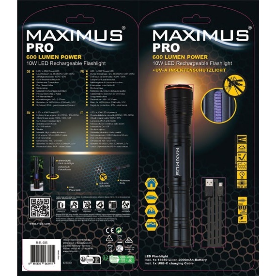 Lampe torche 600 lm - 10W - fonction anti-moustique - rechargeable - IPX4 -