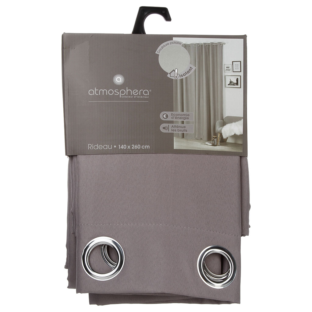 Rideau isolant 8 œillets polyester gris 140x260cm