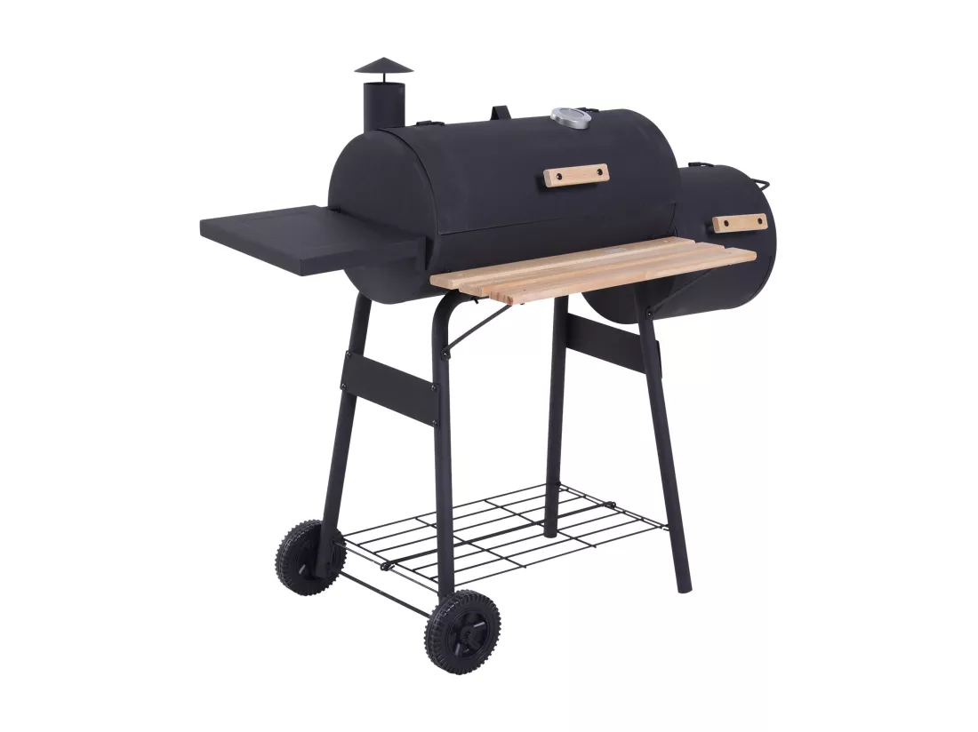 Barbecue à charbon fumoir BBQ grill smoker sur pied avec couvercle, roulettes, thermomètre, étagères acier laminé à froid noir