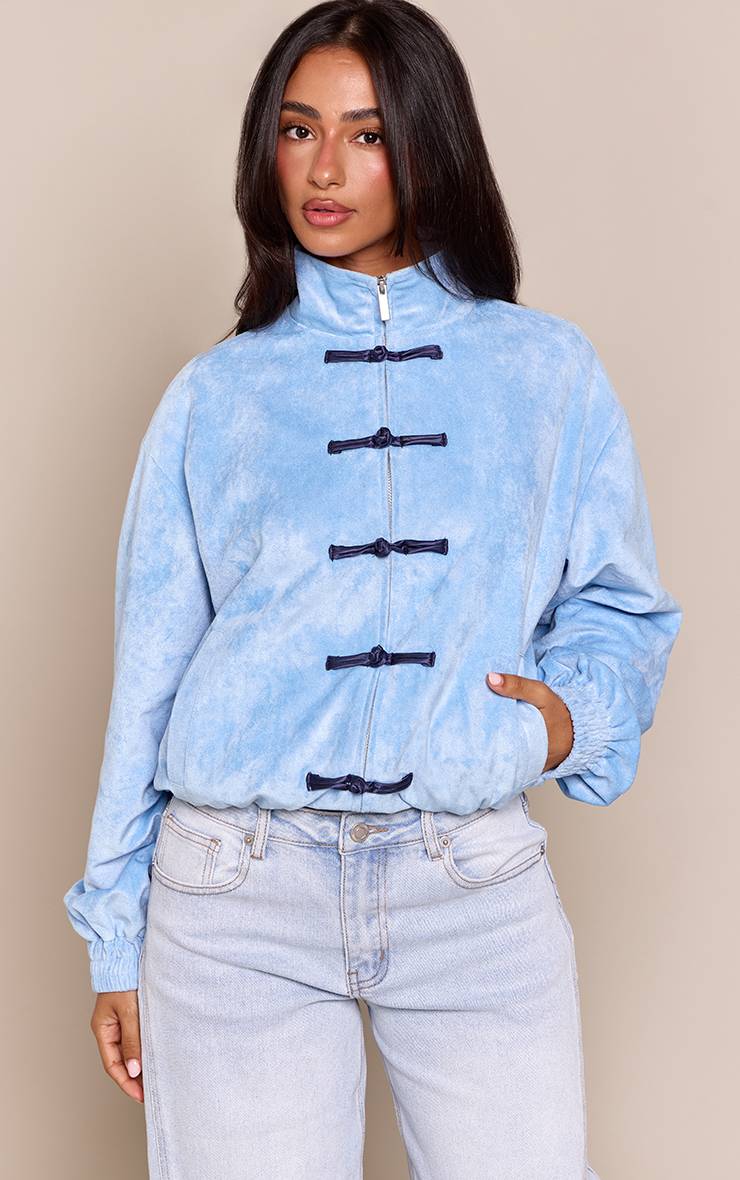 Bleu Layette Veste Bomber Petite En Synthétique À Col Montant Et Fermeture Éclair Frontale Avec Détails À Bascule