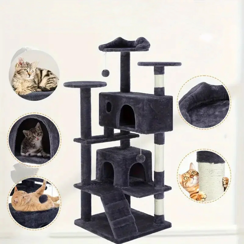 (136cm) Katzen Baum Sisal Kratzsäulen mit Häuschen / Treppe / Aussichts Plattformen / Spiel Bälle - Schwarz