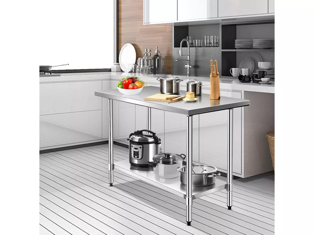 Table de Travail Cuisine en Acier Inoxydable, Plan de Travail Cuisine à 2 Niveaux, Étagère Inférieur Réglable, 61 x 90 x 122 cm, Argent