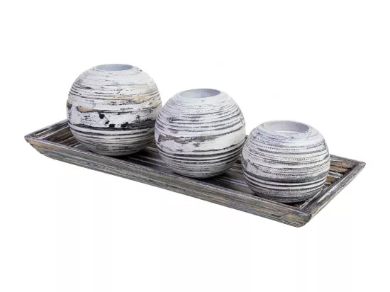 Ensemble plateau et 3 bougeoirs en bois de bambou blanc 33x13x3h cm