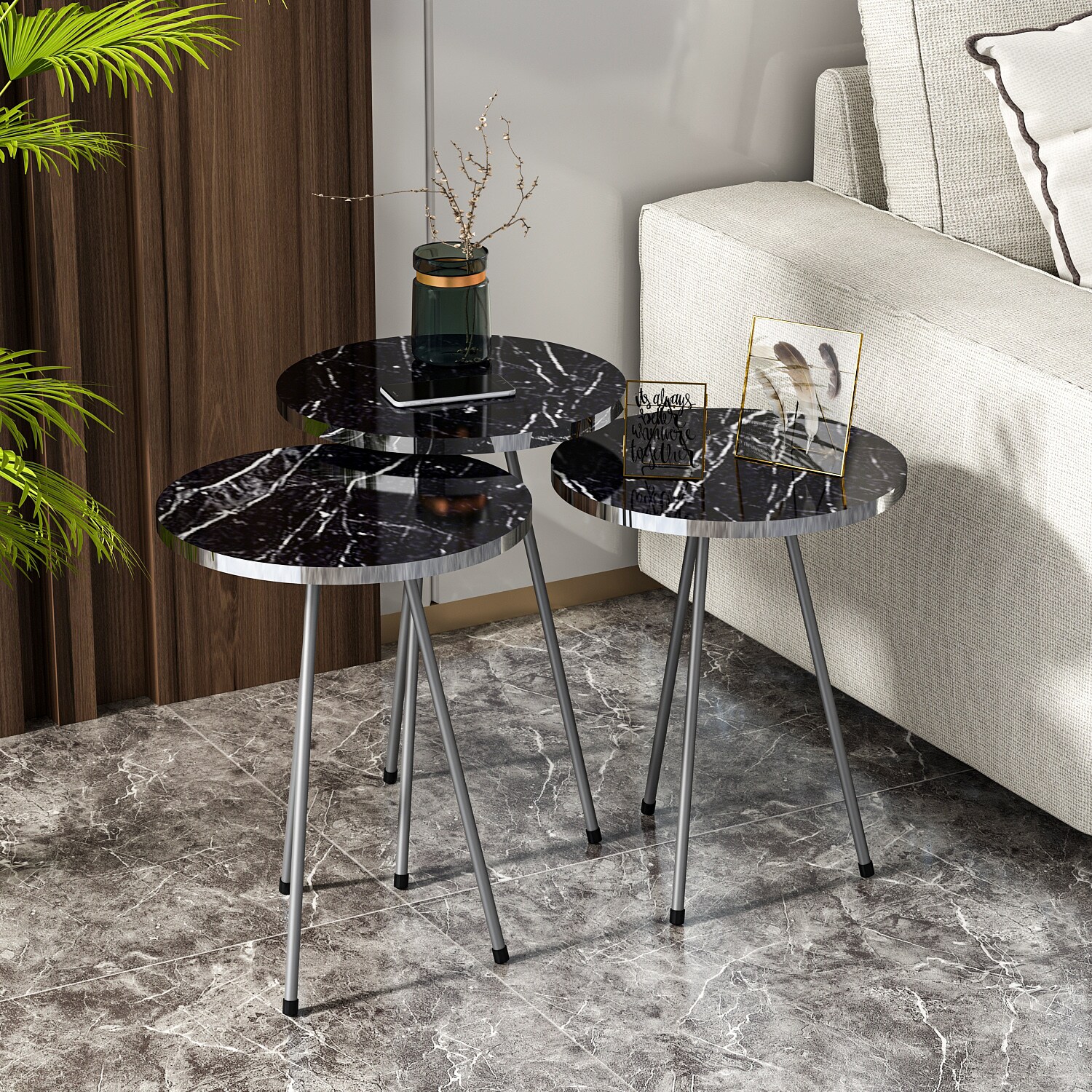 Beistelltisch 3er Set Marmoroptik Schwarz 21796177