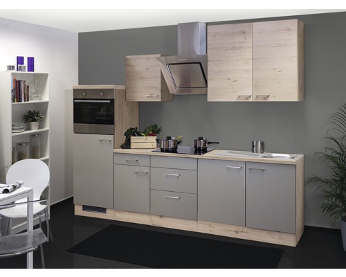 Flex Well keukenblok met apparatuur Riva 270 cm kwartsiet cubanit san remo licht mat eiken gedemonteerd omkeerbaar uitvoering 00011563