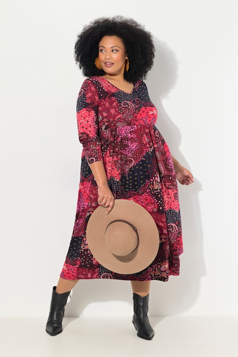 Jerseykleid, Paisley, V-Ausschnitt, Langarm, Taschen
