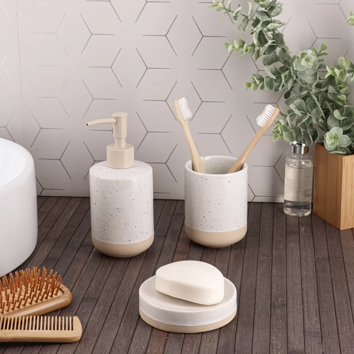 Set d'accessoires salle de bain grès moucheté Pietra Beige
