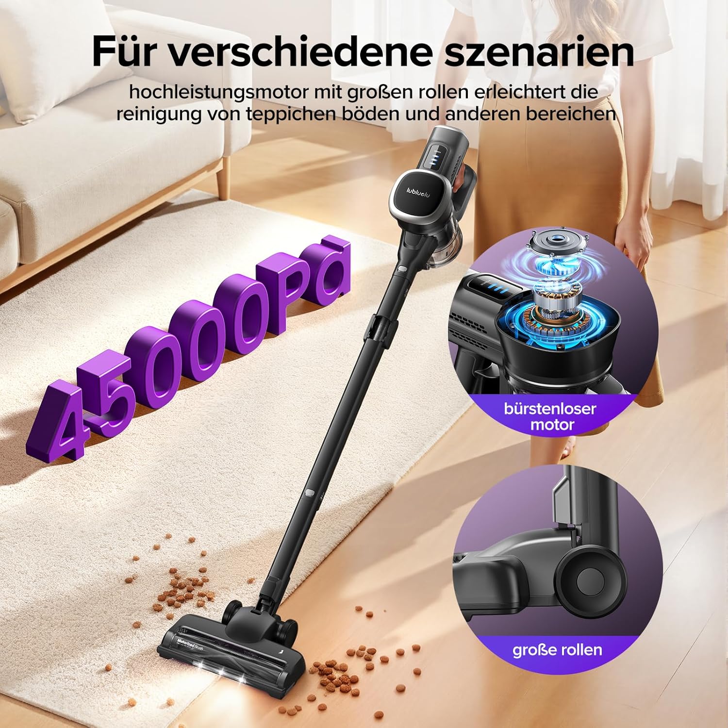 Lubluelu Kabelloser Staubsauger Leicht & Leise, Selbststehend mit LED-Anzeige und Faltbarem Rohr, Starke Saugleistung für Tierhaare, Teppiche, Hartböden und Auto (Schwarz-Violett)