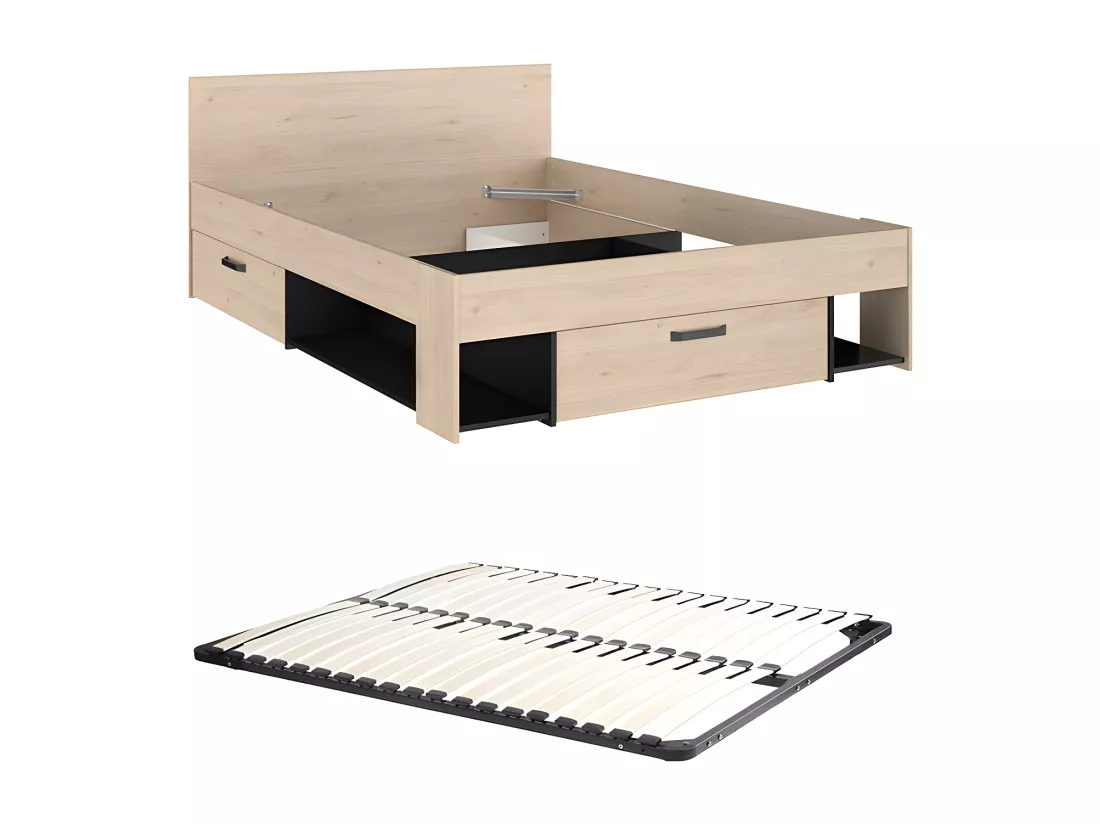 Lit 140 x 190/200 cm avec rangements - Coloris : Naturel et noir + Sommier - KINSELIA