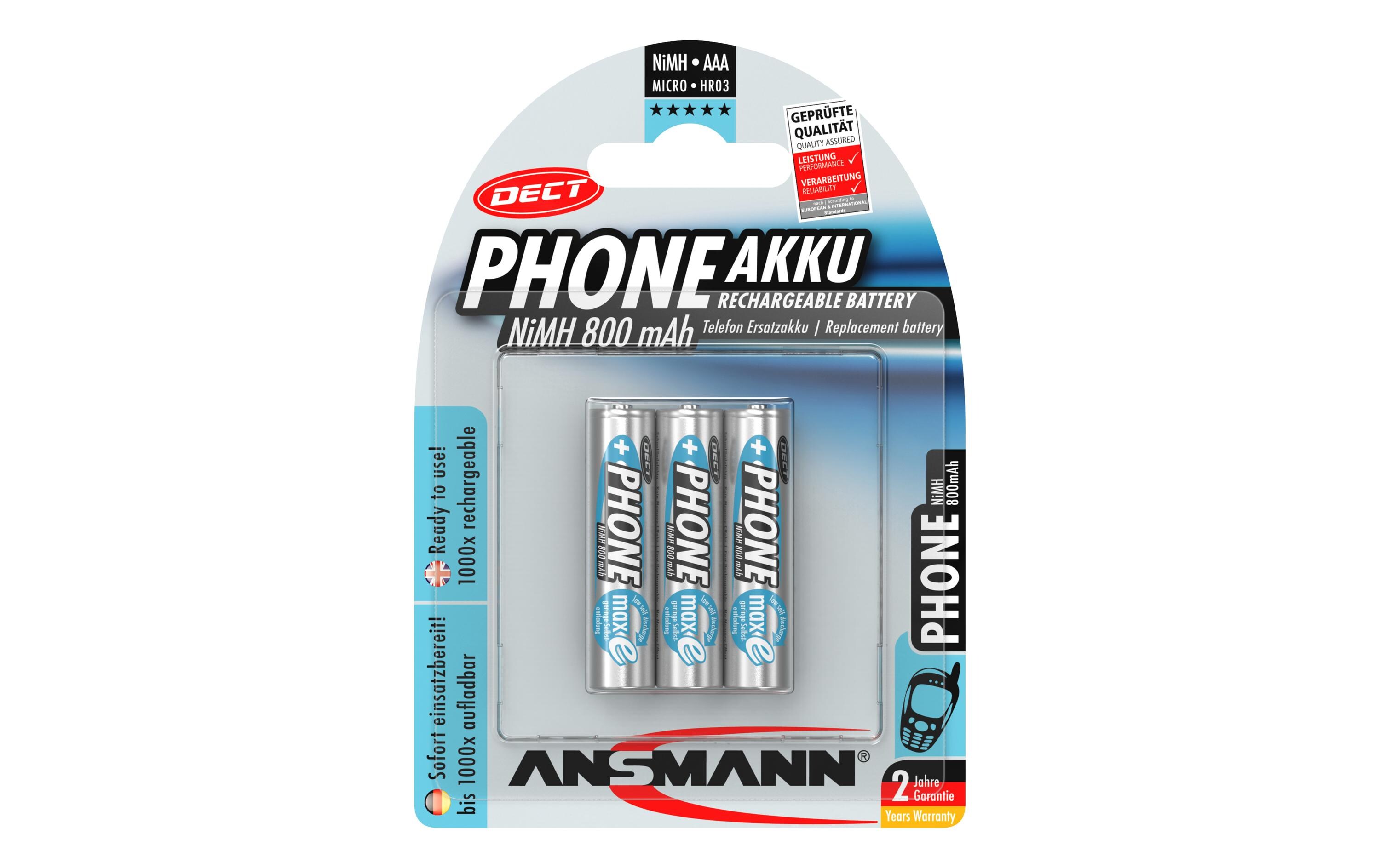 Akku Phone NiMH AAA für DECT-Phones 800 mAh, 3 StückAAA-Akkus im 3er-Blister