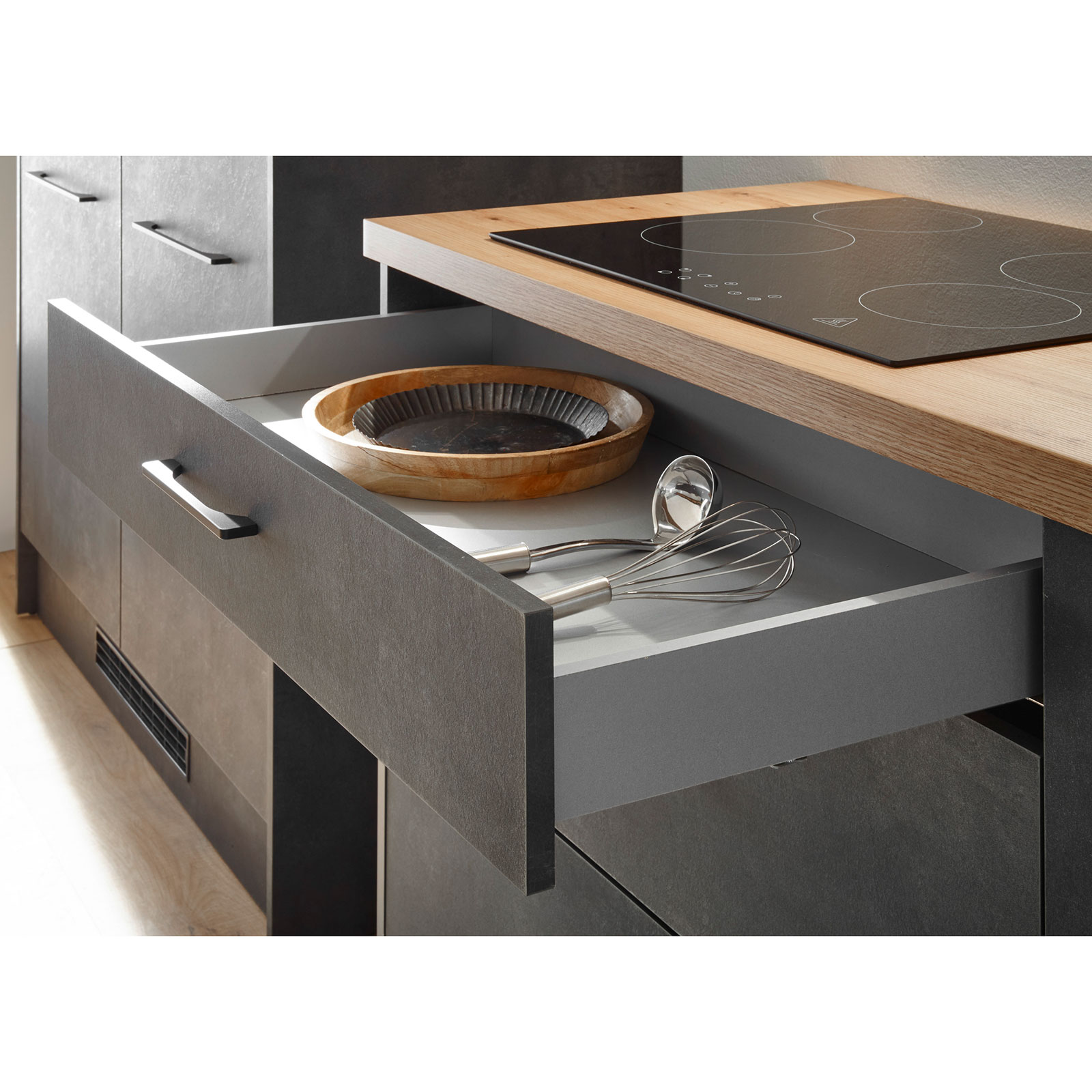 Küchenzeile - Kiruna Beton - Artisan Eiche - mit E-Geräten - 230+123 cm