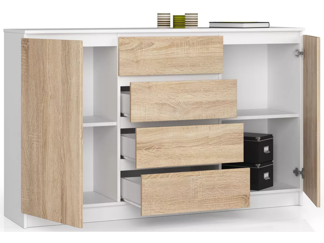 Grande Commode pour le salon AKORD K160 Blanche 160 cm 2 portes 4 tiroirs façade Chêne Sonoma 4 étagères 160x40x99 cm