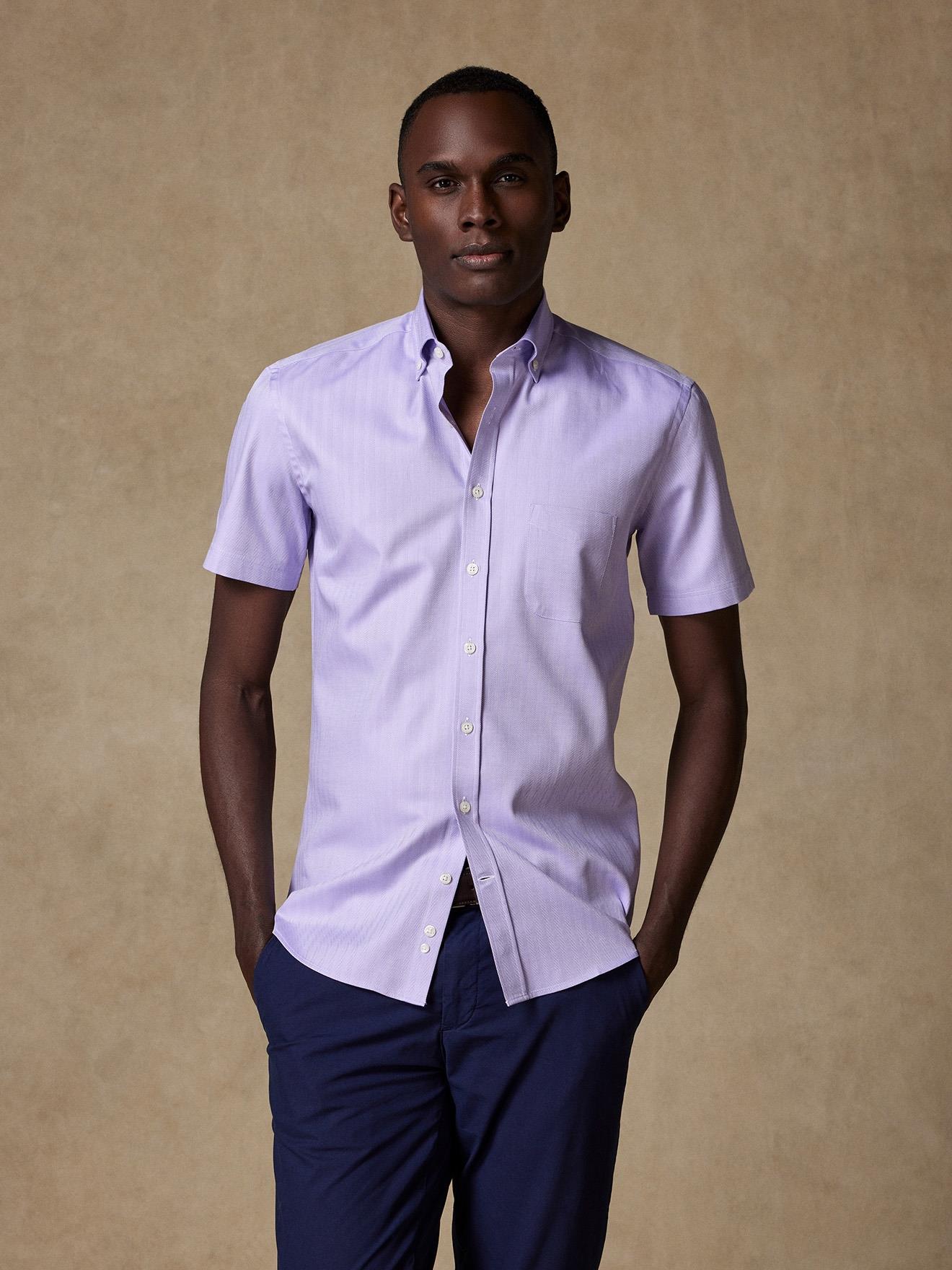 Chemise manches courtes en Chevron parme - Col Boutonné