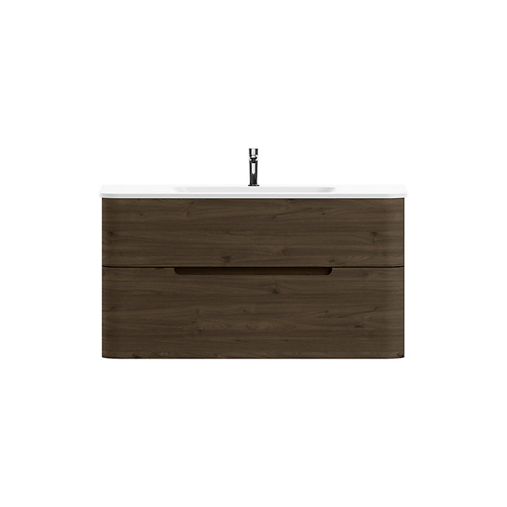 Ensemble salle de bains L. 104 cm meuble sous vasque décor noyer + plan vasque version centre blanc brillant Alba