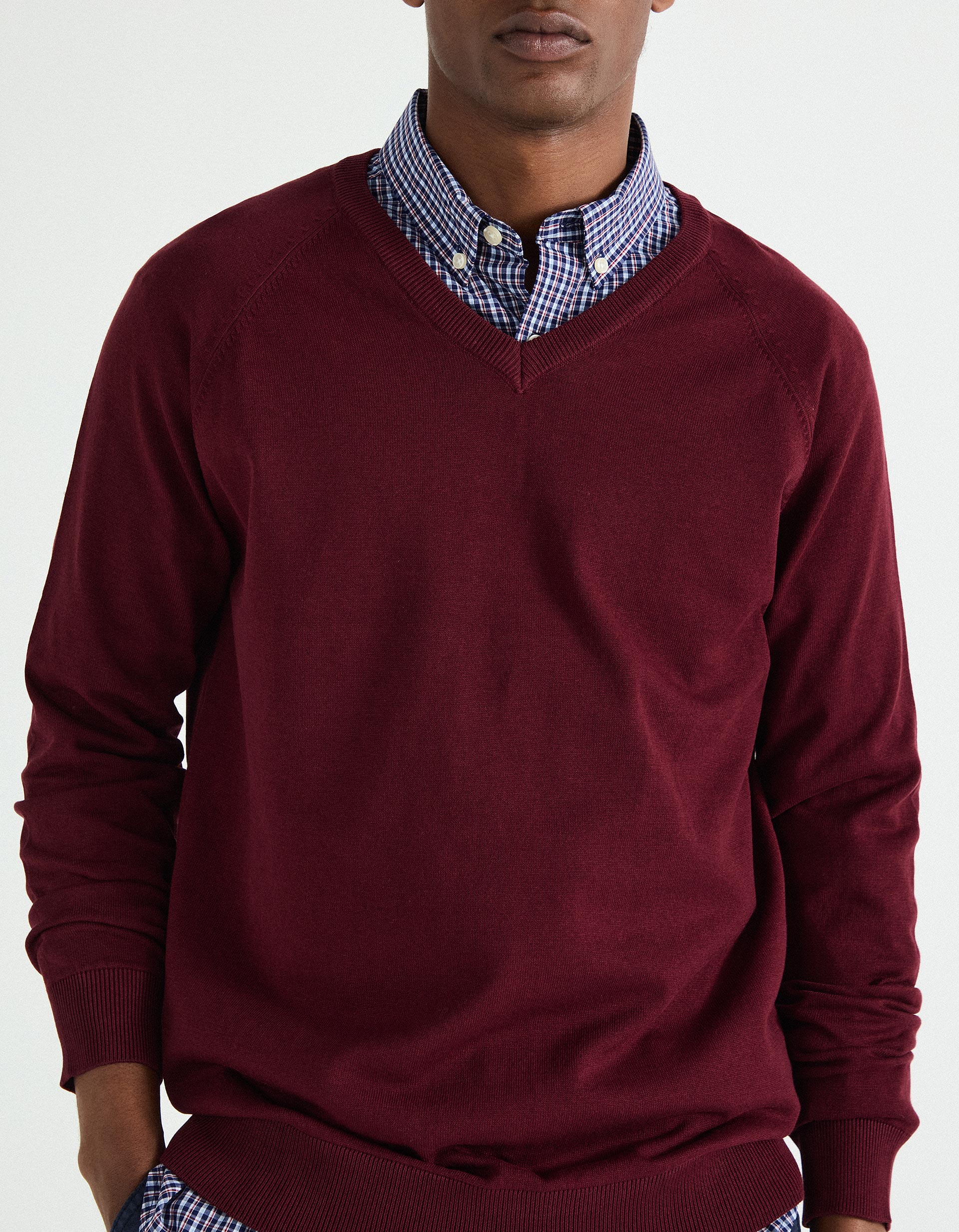 Camisola de Malha Decote em V, Homem, Vermelho Escuro