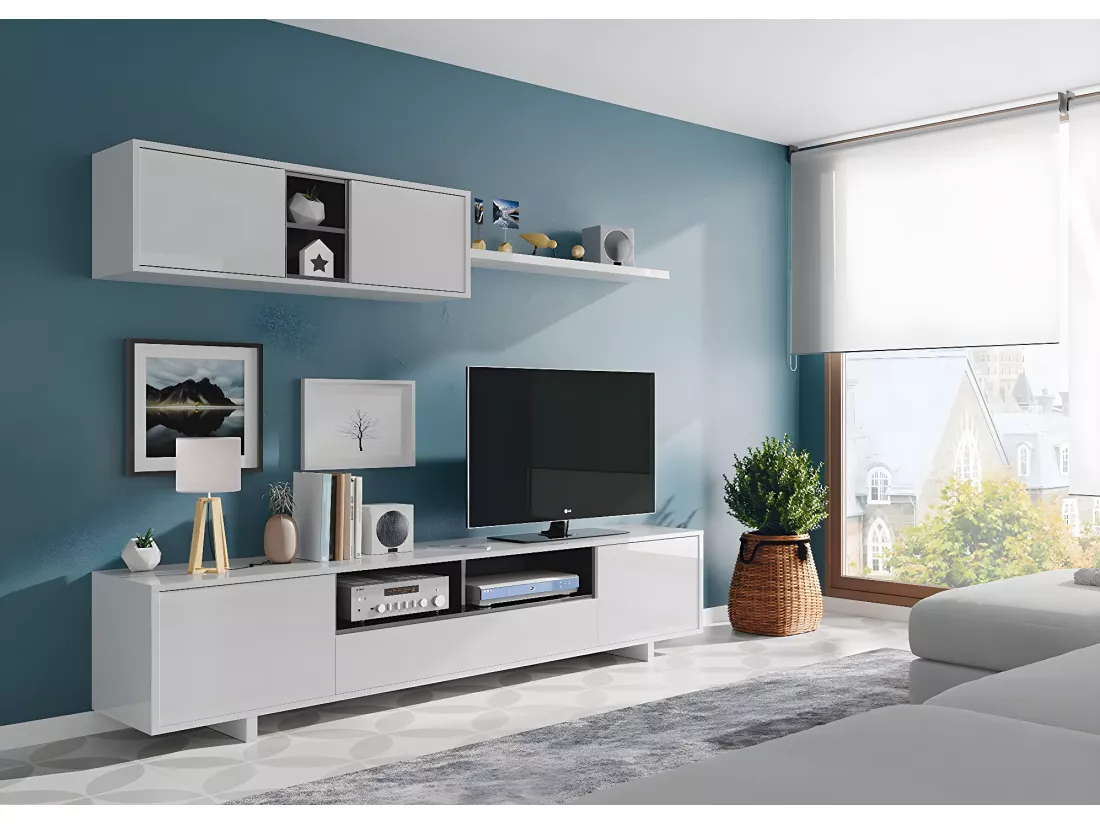 Meuble TV avec 3 portes et 1 Niche de rangement coloris blanc brillant / gris anthracite -  H46 x L200 x P41 cm