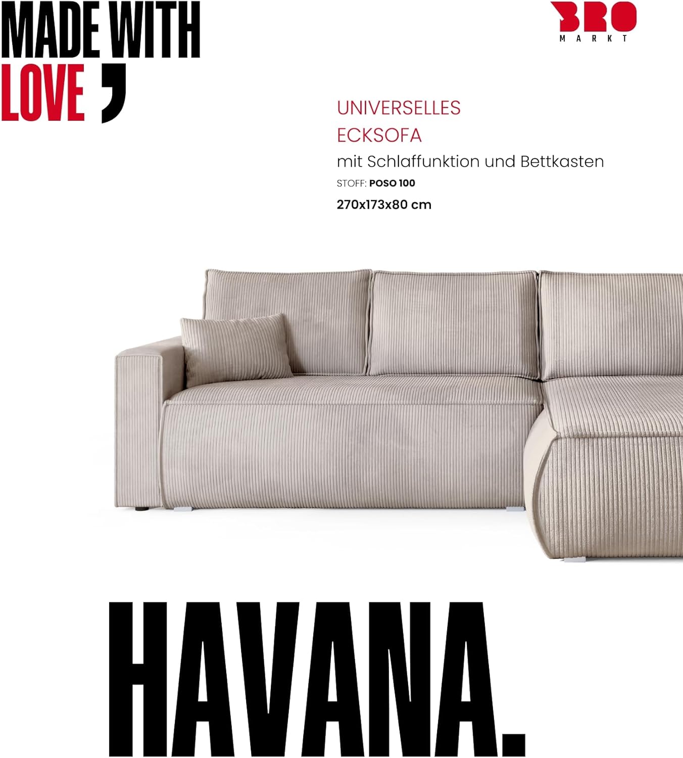 BROMARKT Sofa mit Schlaffunktion Couch L polsterreiniger Sofa Bettkasten Schlafsofa für Wohnzimmer Couch freistehend Havana Relaxsofa 3 sitzer 270x173x80 cm Weiß