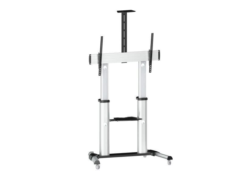 PureMounts TV-Trolley PDS-0011C Schwarz/Silber Rollbare Standhalterung mit Regalboden für Flachbildschirme von 55