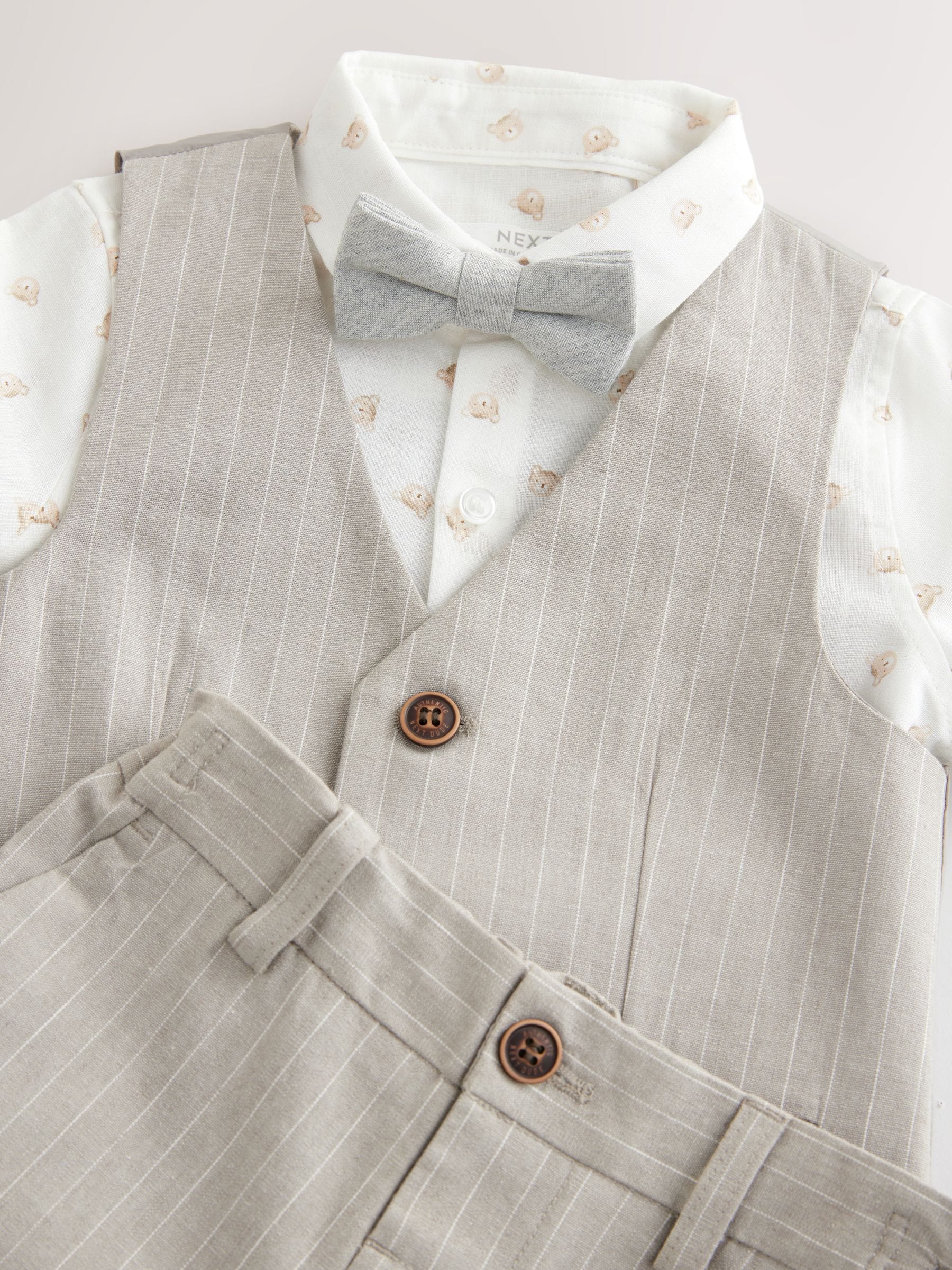 Naturel Bear Pinstripe - Set met gilet, overhemd, shorts en vlinderdas (3mnd-9jr)