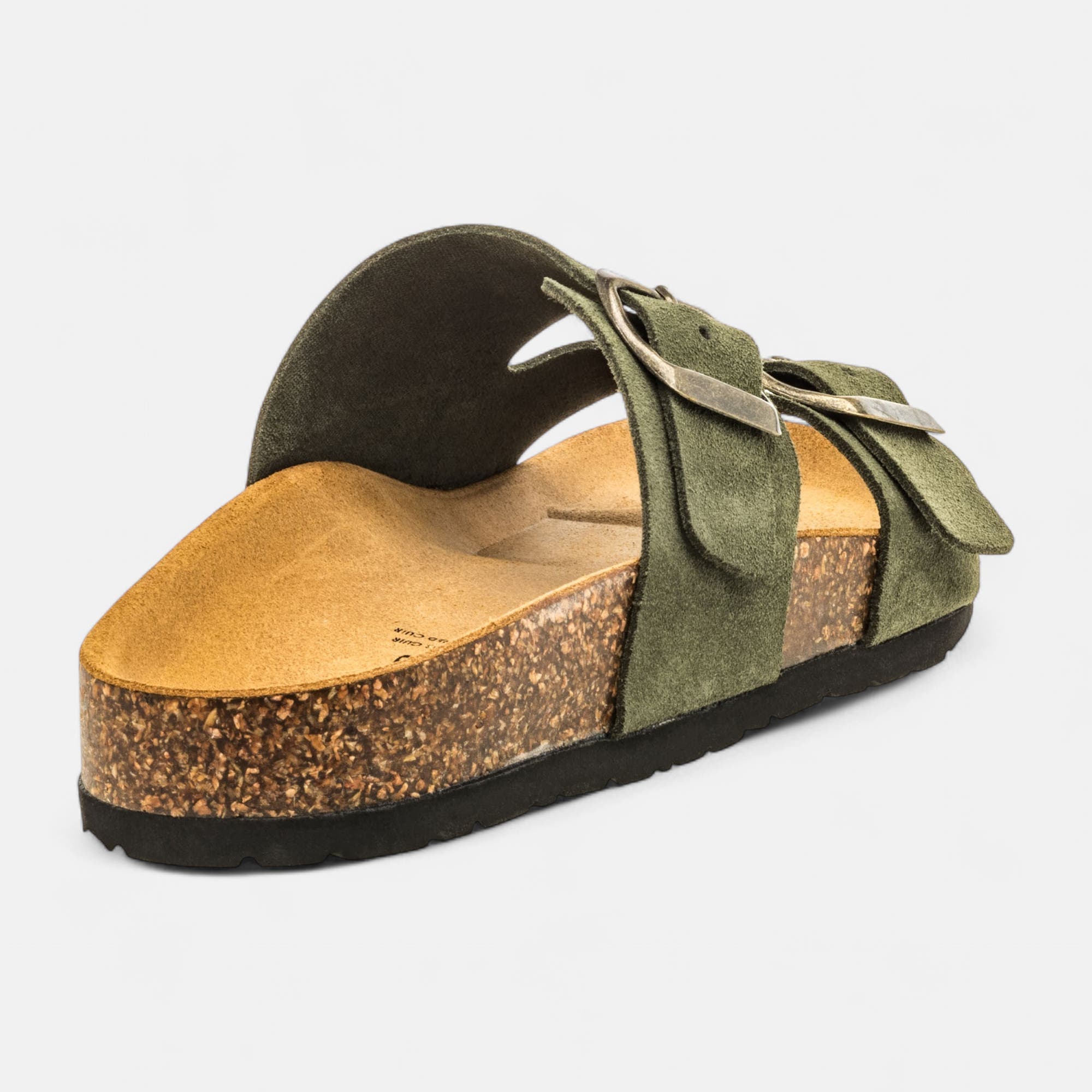 Mules semelle liège Femme en cuir kaki