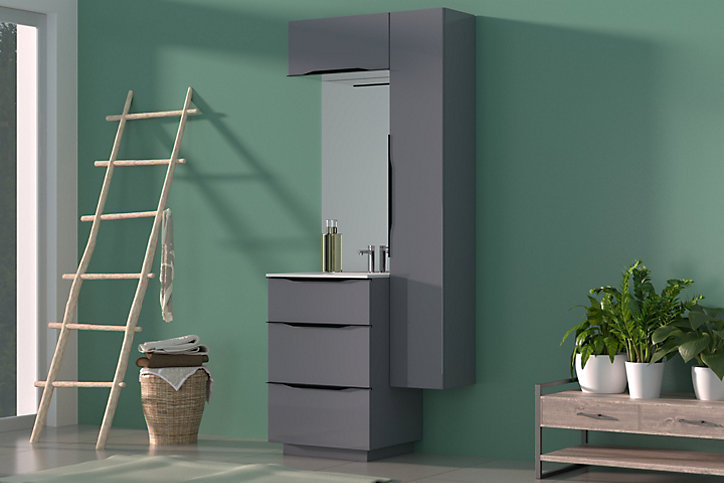 Meuble sous vasque à poser Pamili gris anthracite brillant 60 cm + plan vasque en résine blanc