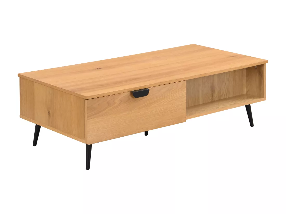 Table basse avec 2 tiroirs et 2 niches placage chêne et acier - Naturel clair et Noir - SINOLO