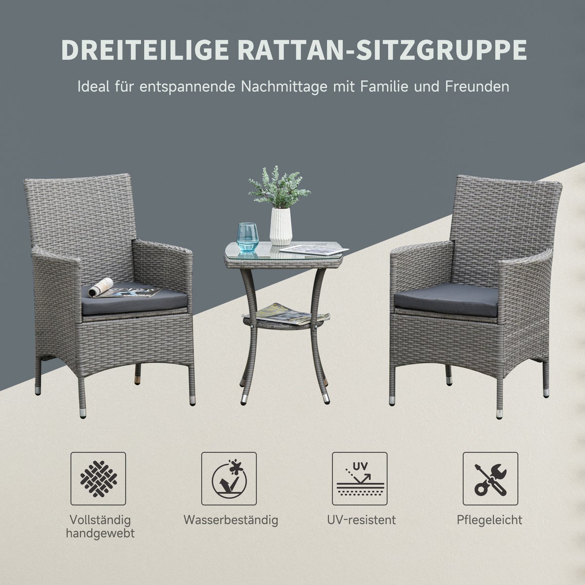 Outsunny 3-delige tuinset, B60 x D58,5 x H89,5 cm, metaal, PE-rotan, polyester, schuim, grijs