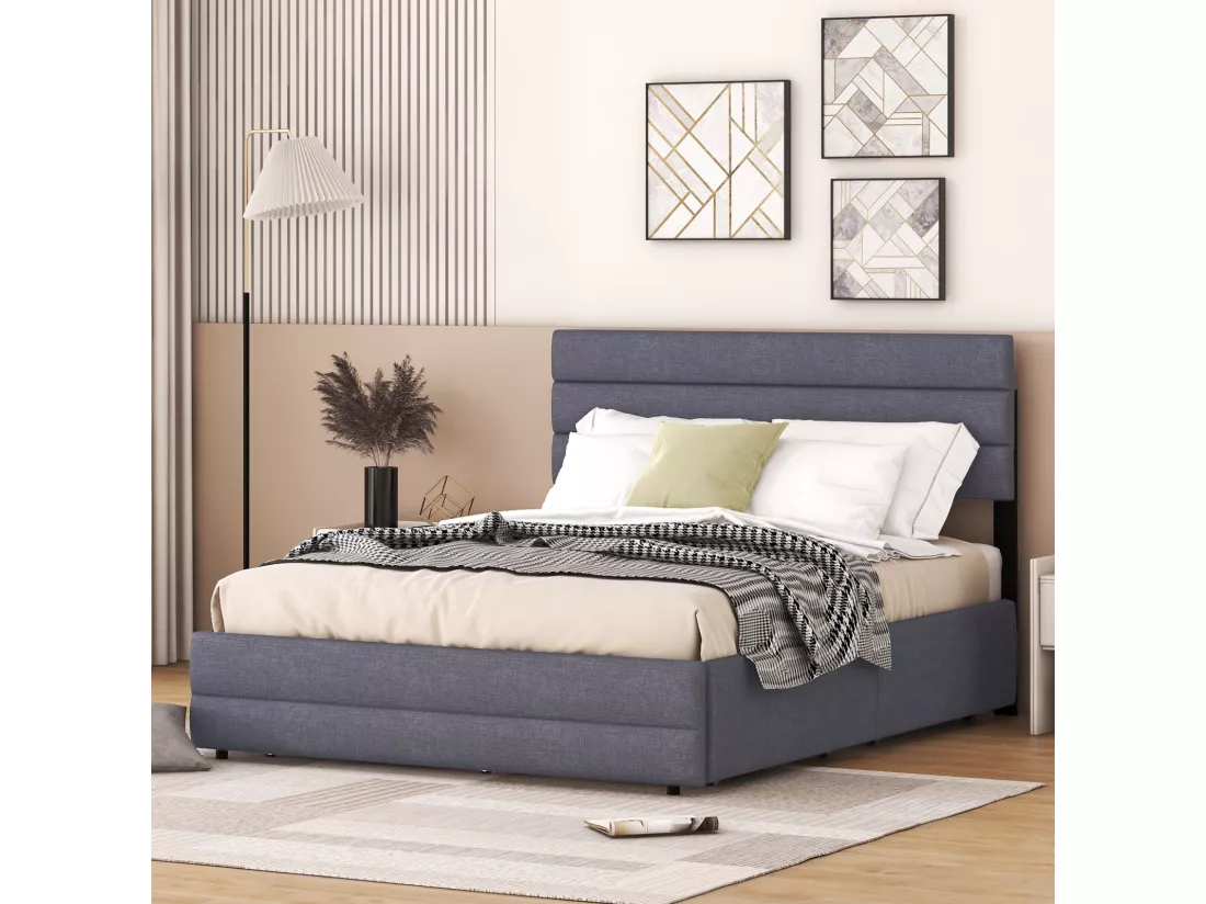 Lit gigogne pour adulte et enfant 140 x 200cm & 90 x 190cm - Lit plate-forme extensible avec 2 tiroirs avec sommier à lattes et tête de lit - gris