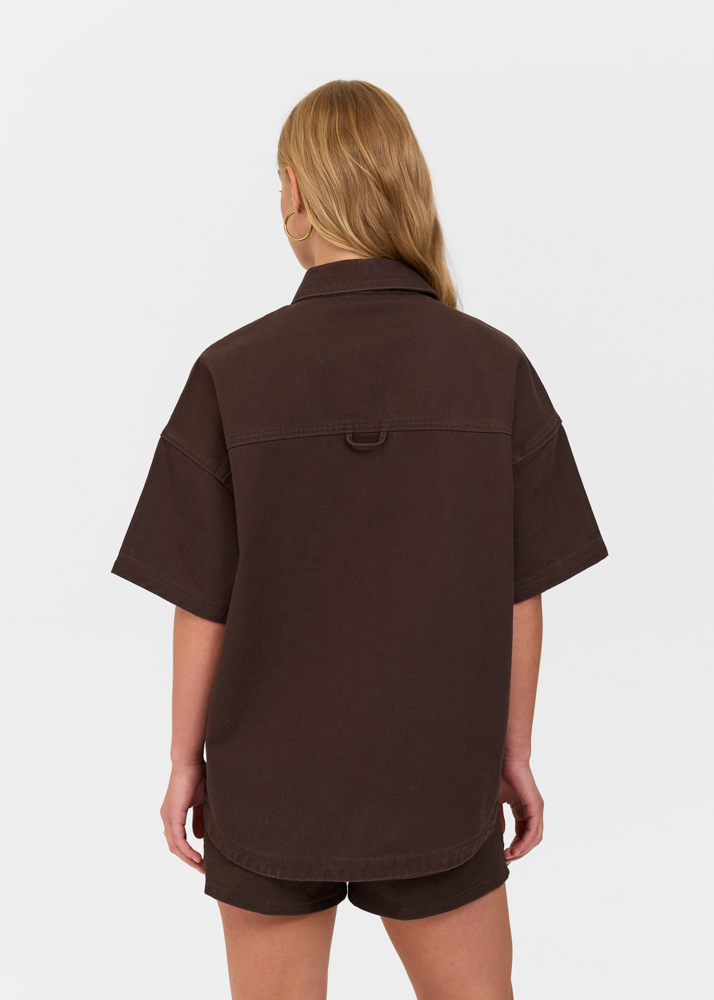 Oversized denim blouse korte mouw deep choco