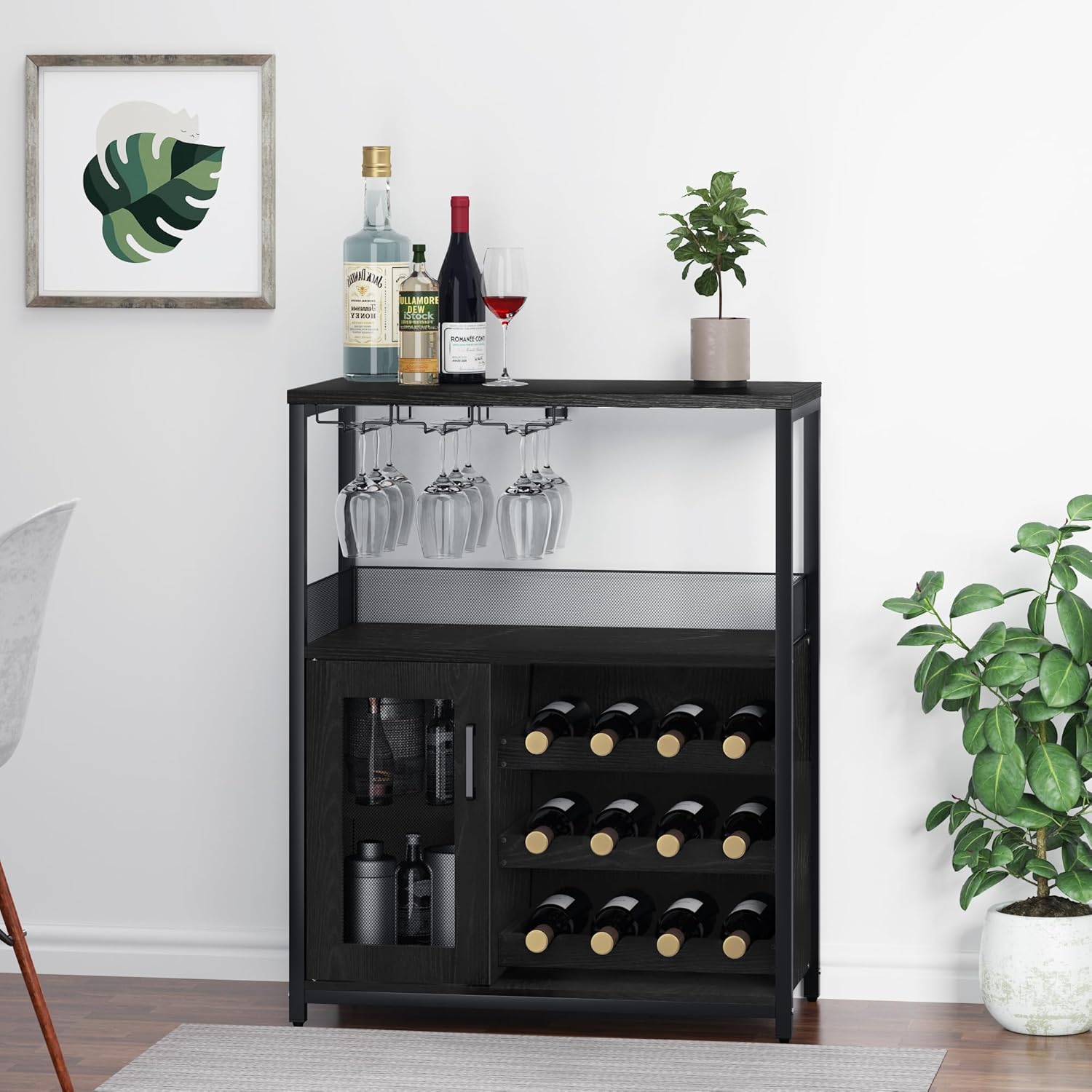 Weinschrank, Weinregal Mit Stauraum, Flaschenregal Für Esszimmer Küche Keller, Flaschenständer Weinständer,69 * 35 * 92cm, Schwarz