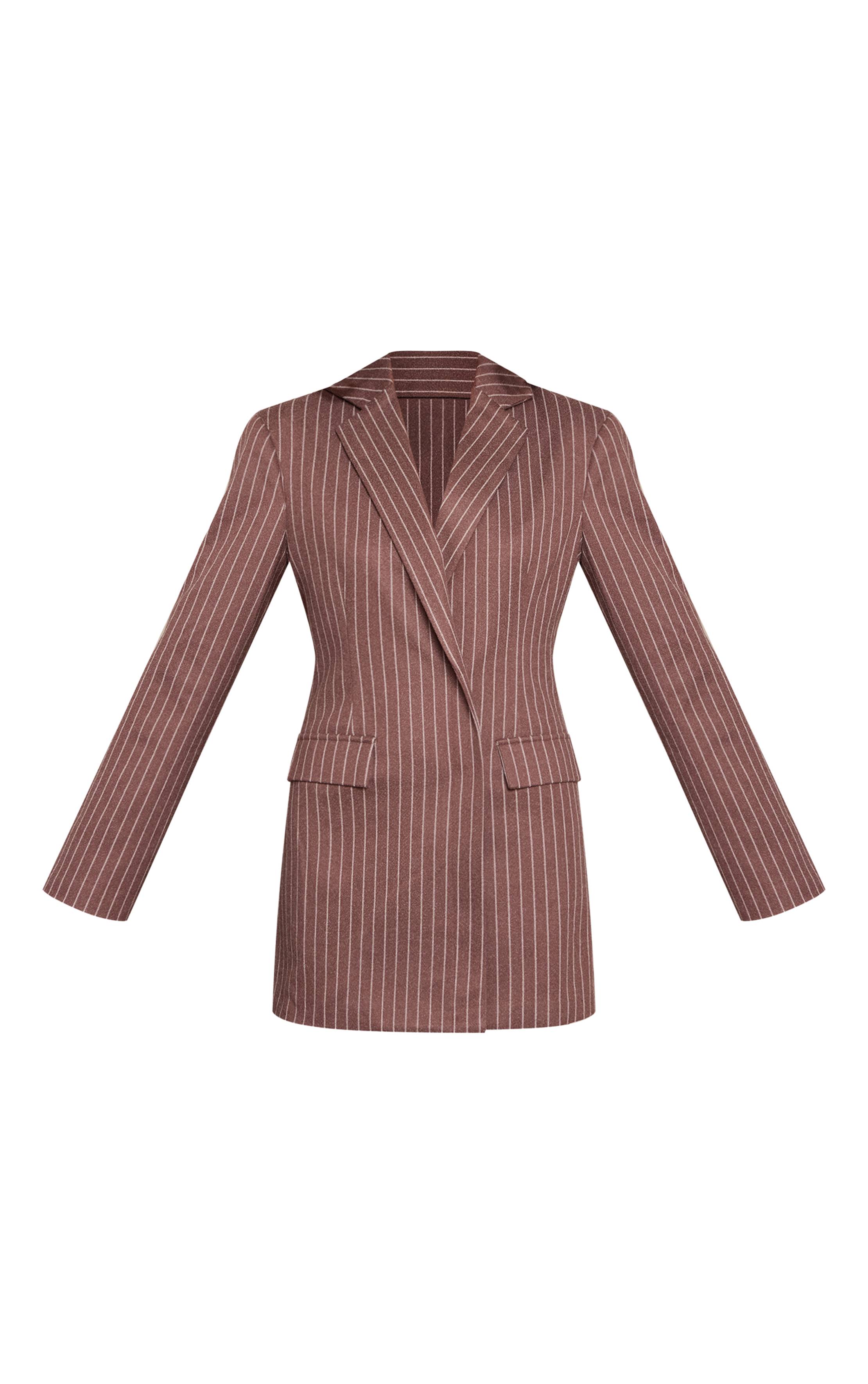 Chocolat Robe Blazer À Rayures Fines Et Manches Longues En Tissu Brossé