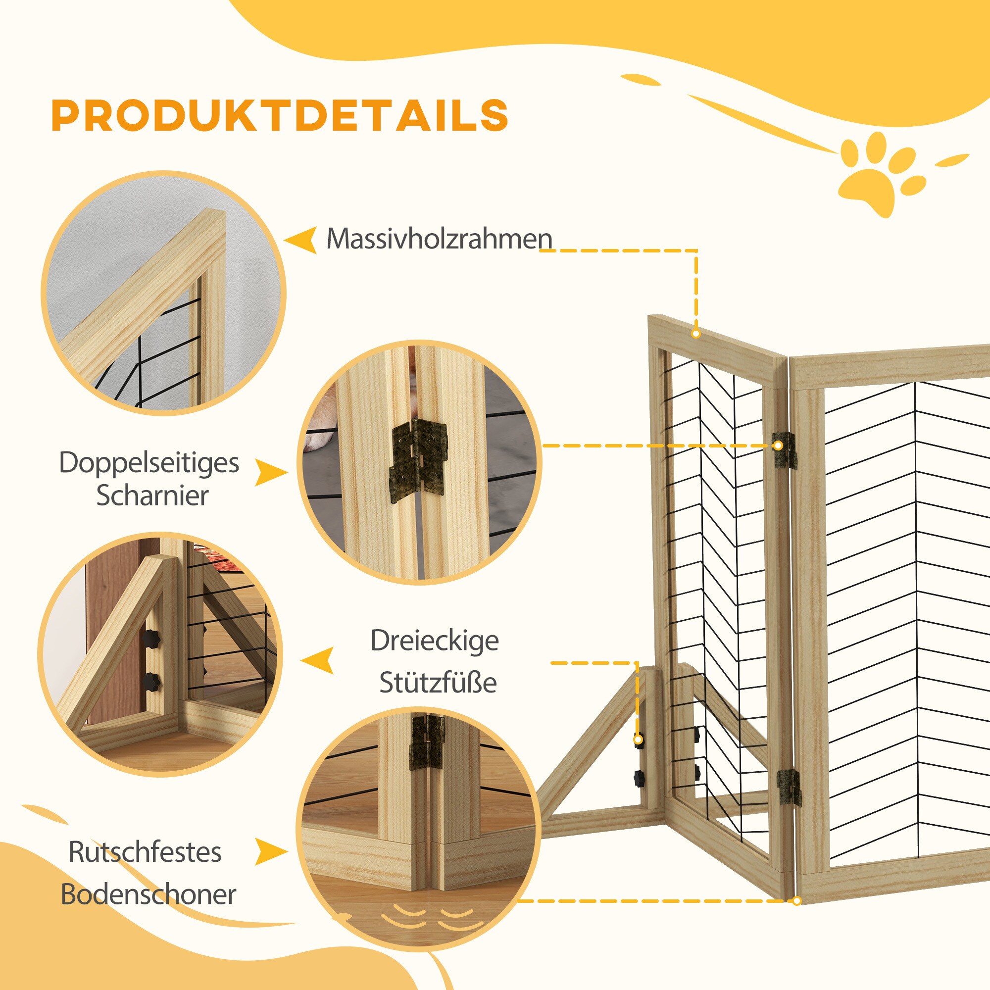 PawHut Hundetürgitter mit 4 Elementen natur 187L x 44B x 70H cm