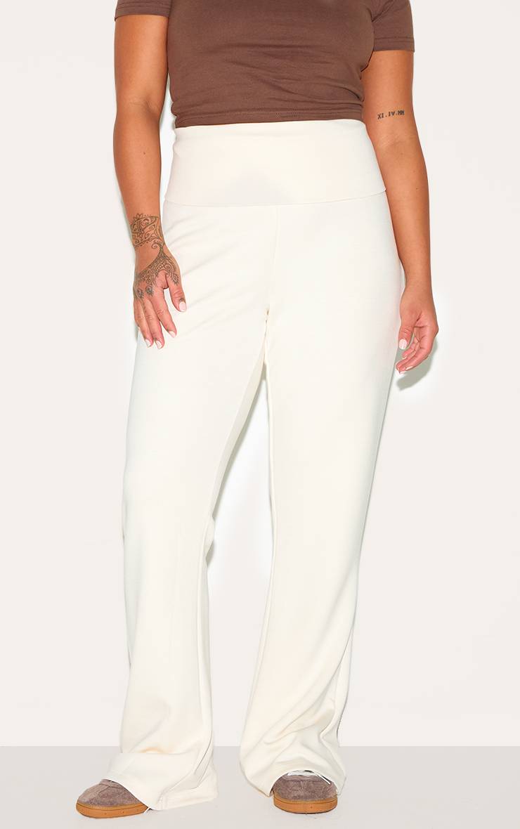 Crème Pantalon De Yoga Évasé Grande Taille À Taille Repliable En Tissu Doux Premium