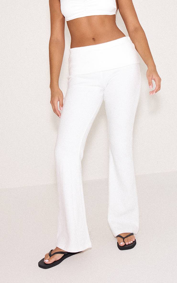 Crème Ensemble Coordonné À Taille Haute Repliable Et Jambes Évasées En Tissu Doux