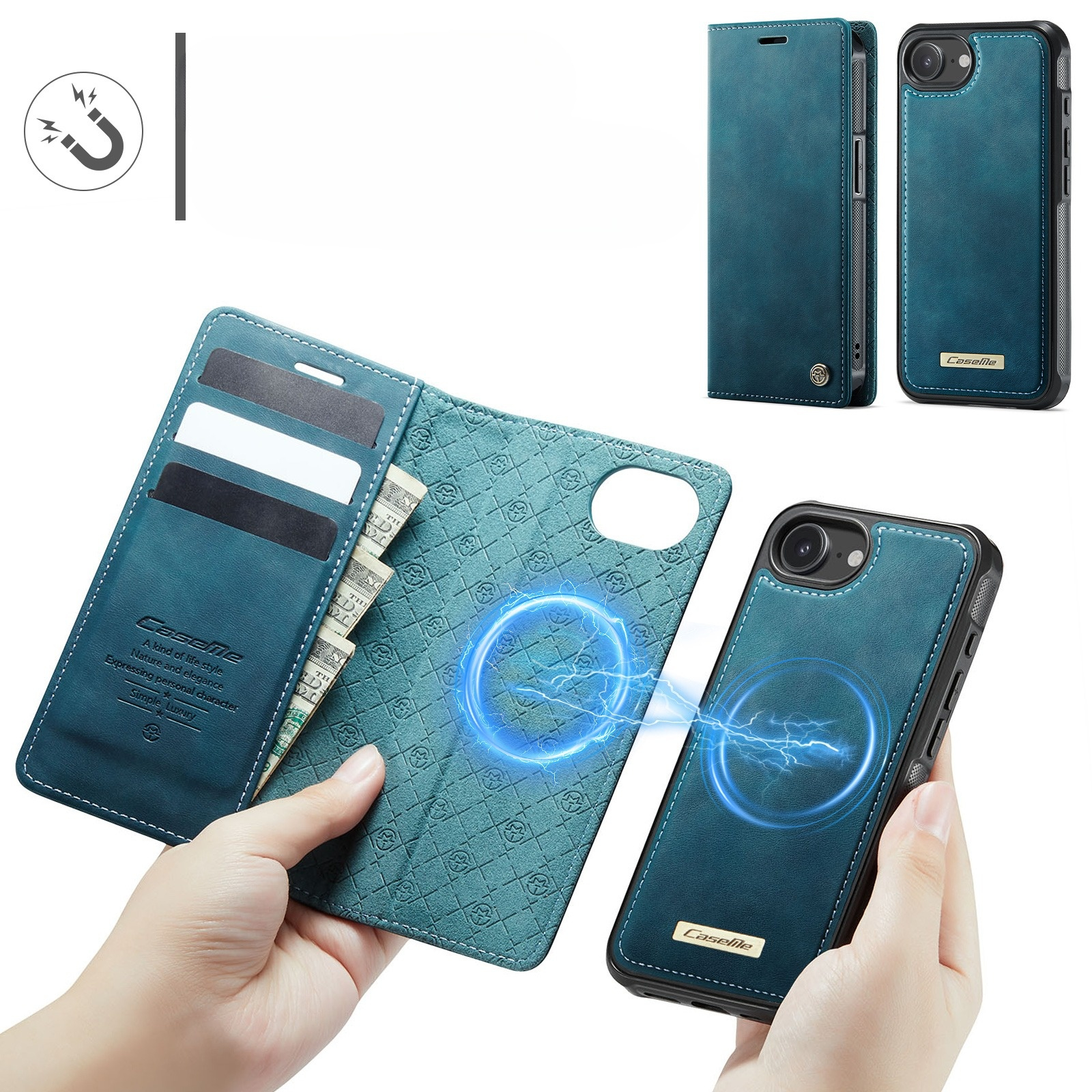 iPhone 16e 2in1 MagSafe Leder Tasche   Magnet Hardcase Karten Etui (RFID Schutz) - Blau