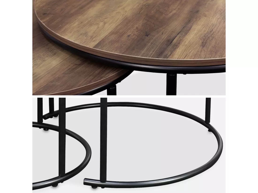 Lot de 2 tables gigognes rondes métal noir. décor bois - Loft - encastrables. 1x Ø77 x H 40cm / x1 Ø57 x H 35cm