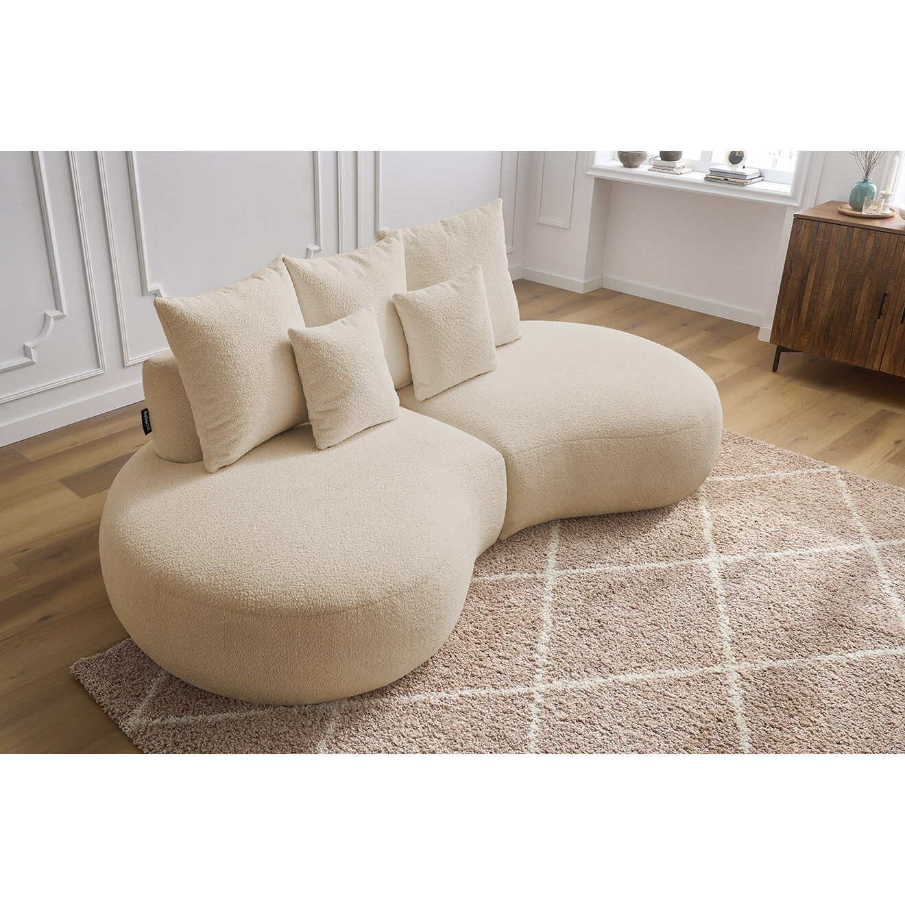 Bobochic Canapé droit fixe 3 places saint-germain tissu bouclette beige - 260x145x92 cm