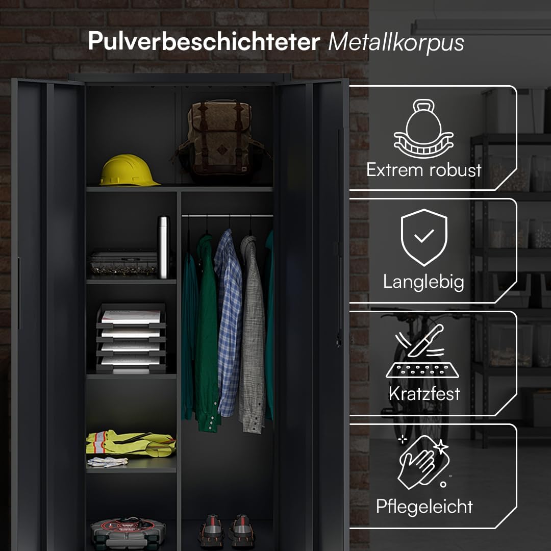 STEELSØN Regulus Metallschrank abschließbar – Garderobenschrank mit 6 Fächern und 1 Kleiderstange – Spind Schrank mit Doppeltüren – Mehrzweckschrank Schwarz – Kleiderschrank Metall 175x40x80 cm