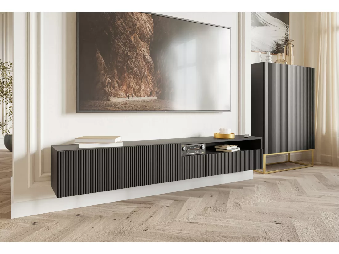 Meuble TV - 175 cm - suspendue avec niche - noir - VELDIO