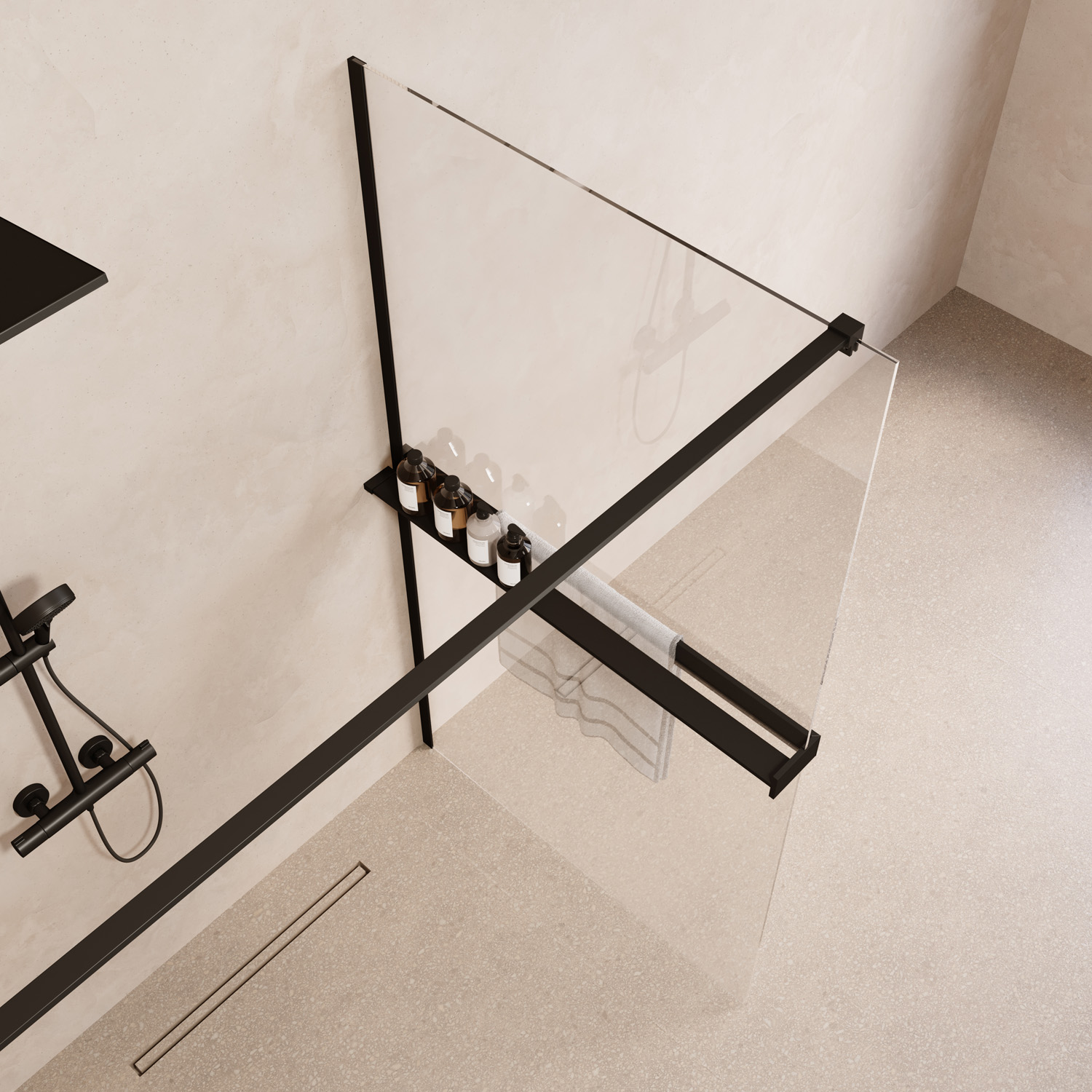 Saniclear Metric inloopdouche 80cm met handdoekhouder en helder glas zwart mat